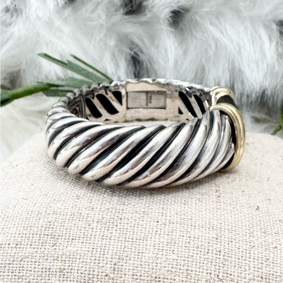 David Yurman 15MM Waverly Smokey Quartz Cable Cuff Bracelet .925/18K Gold - Picture 3 of 7
